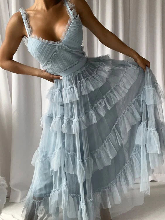 Weitese Dress Spaghetti Straps V Neck Sleeveless A-line Floor Length Light Blue Tulle Layers Long Prom Dress